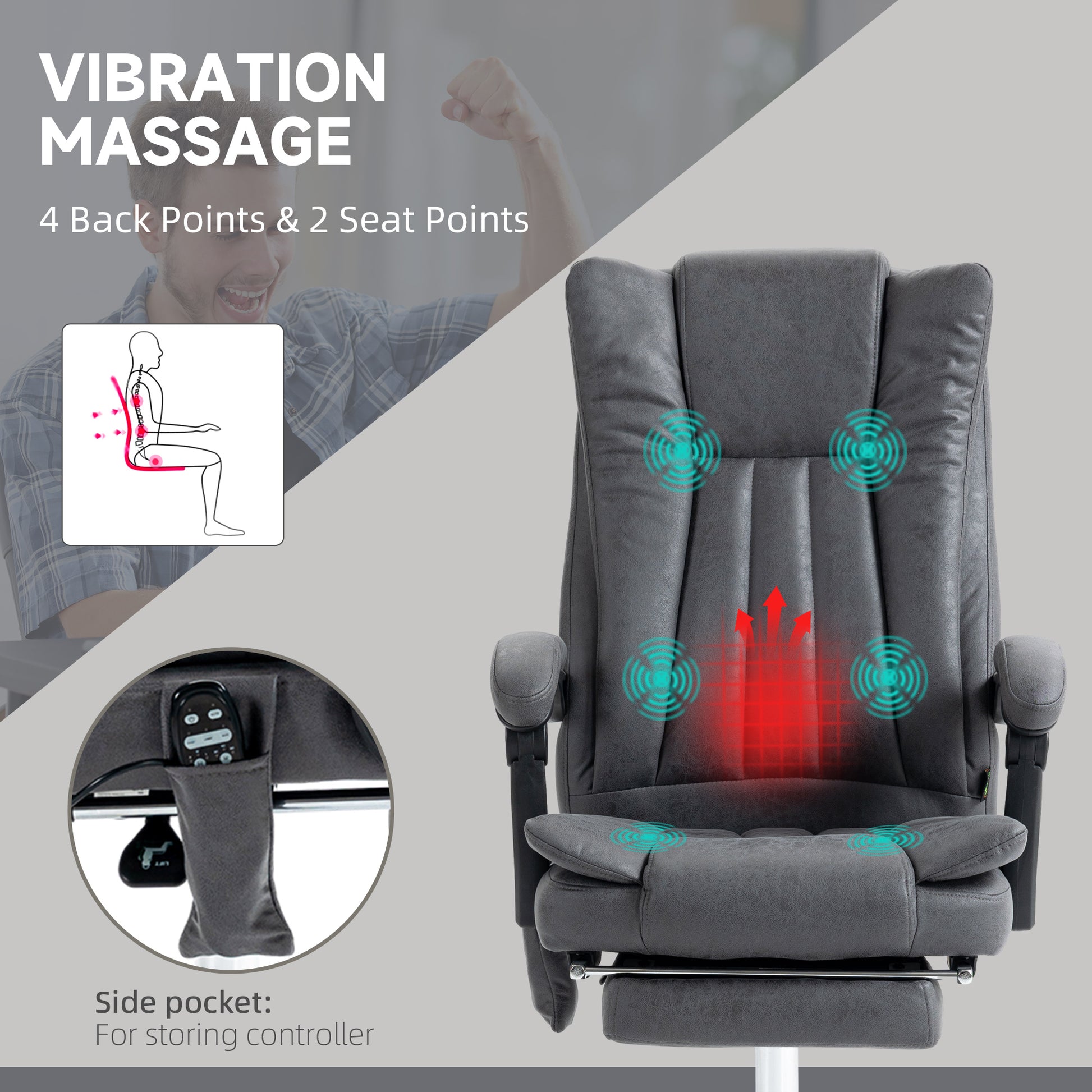 Vinsetto Microfiber Office Chair, High Back Computer Chair With 6 Point Massage, Heat, Adjustable Height And Retractable Footrest, Dark Blue Rock Grey Polyester