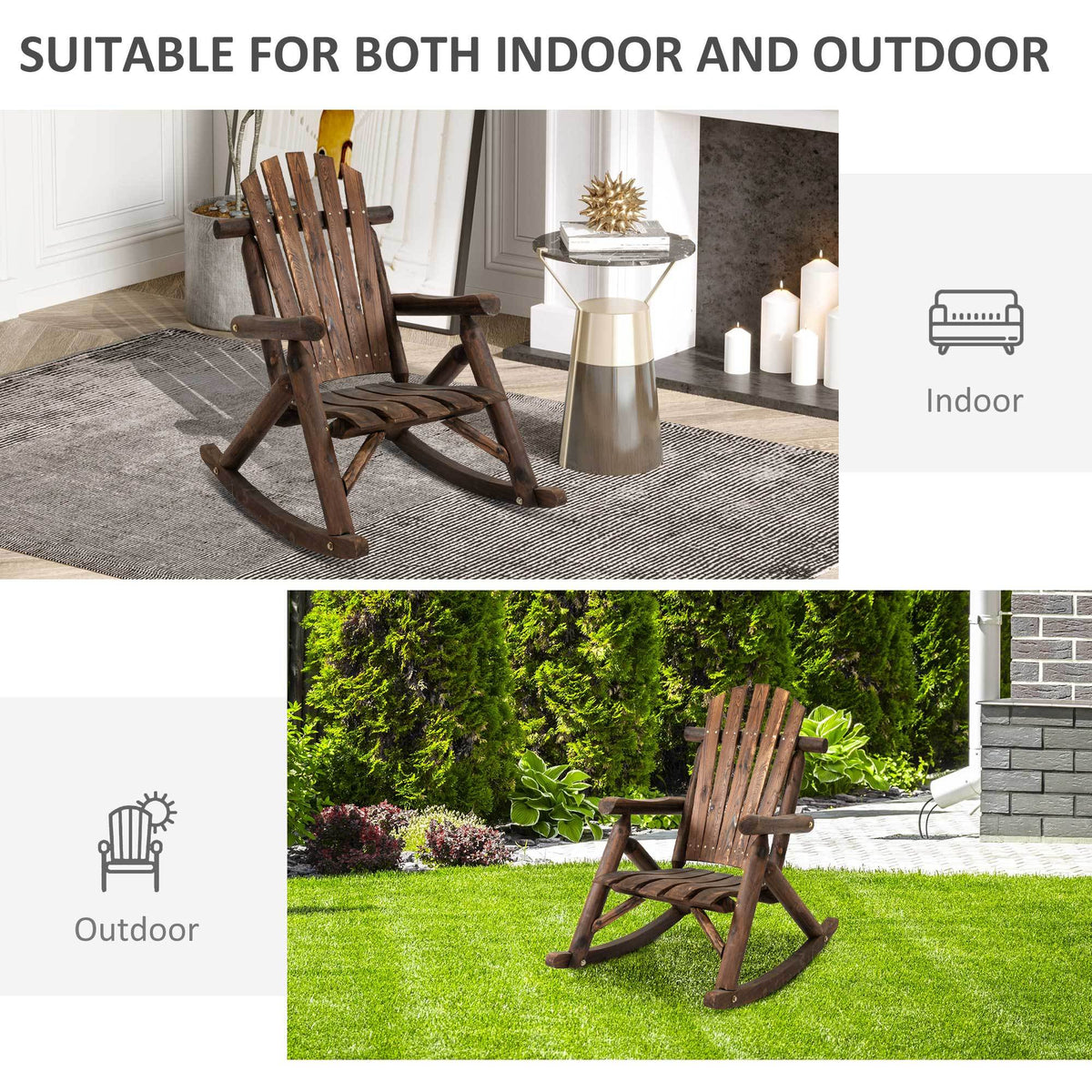 Outsunny Outdoor Wooden Rocking Chair, Single Person Adirondack Rocking Patio Chair With Rustic High Back, Slatted Seat And Backrest For Indoor, Backyard, Garden, Carbonized Brown Wood