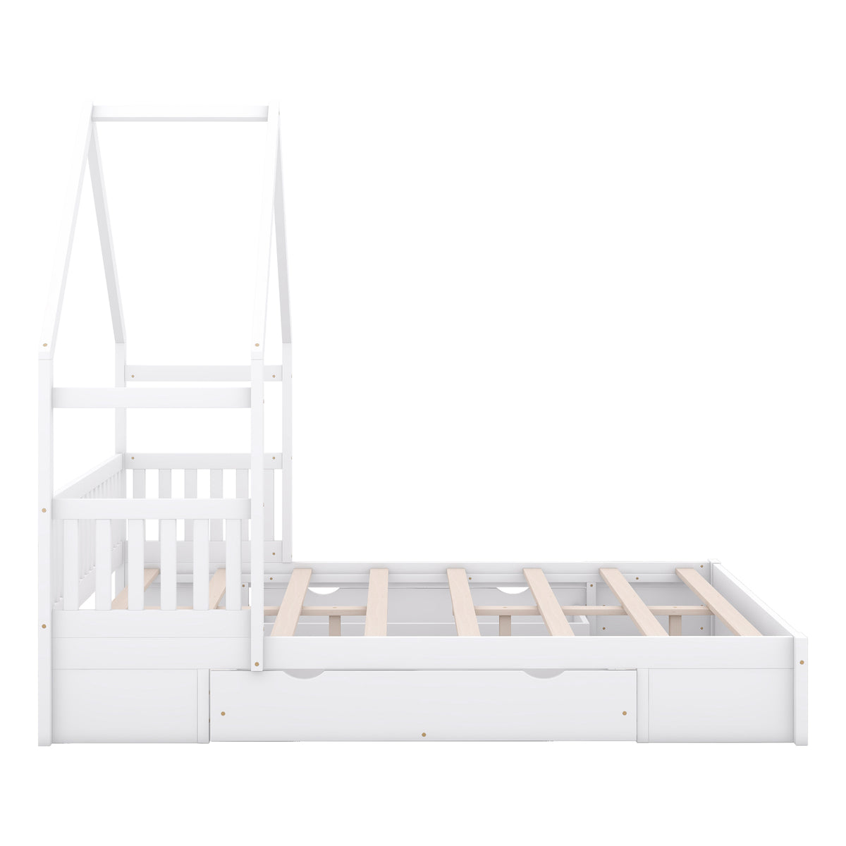 Wood Queen Size House Platform Bed With Guardrail And 2 Drawers, White Box Spring Not Required Queen White Wood Bedroom Bed Frame Solid Wood Mdf