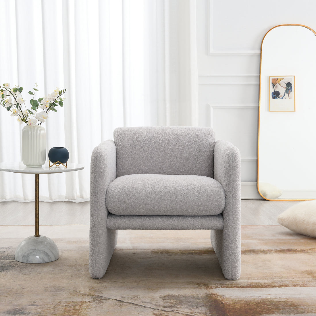 Arm Chair With Waved Arms, Metal Decoration On Both Side Arms, Accent Chair For Primary Living Space,Living Room,Bedroom, Teddy Fabric, Light Grey Light Grey Primary Living Space Modern Foam Plywood
