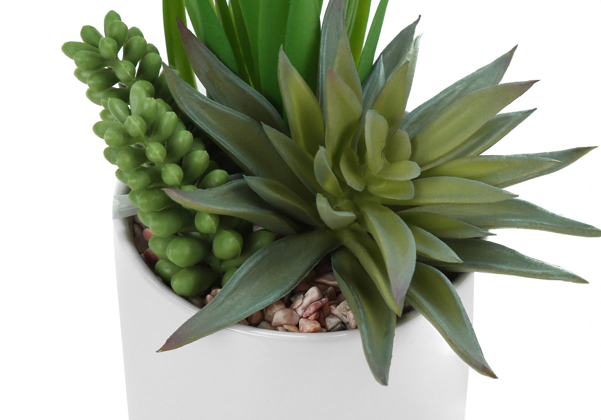Artificial Plant, 7" Tall, Succulent, Indoor, Faux, Fake, Table, Greenery, Potted, Set Of 2, Decorative, Green Plants, White Ceramic Pots Green Foam Plastic