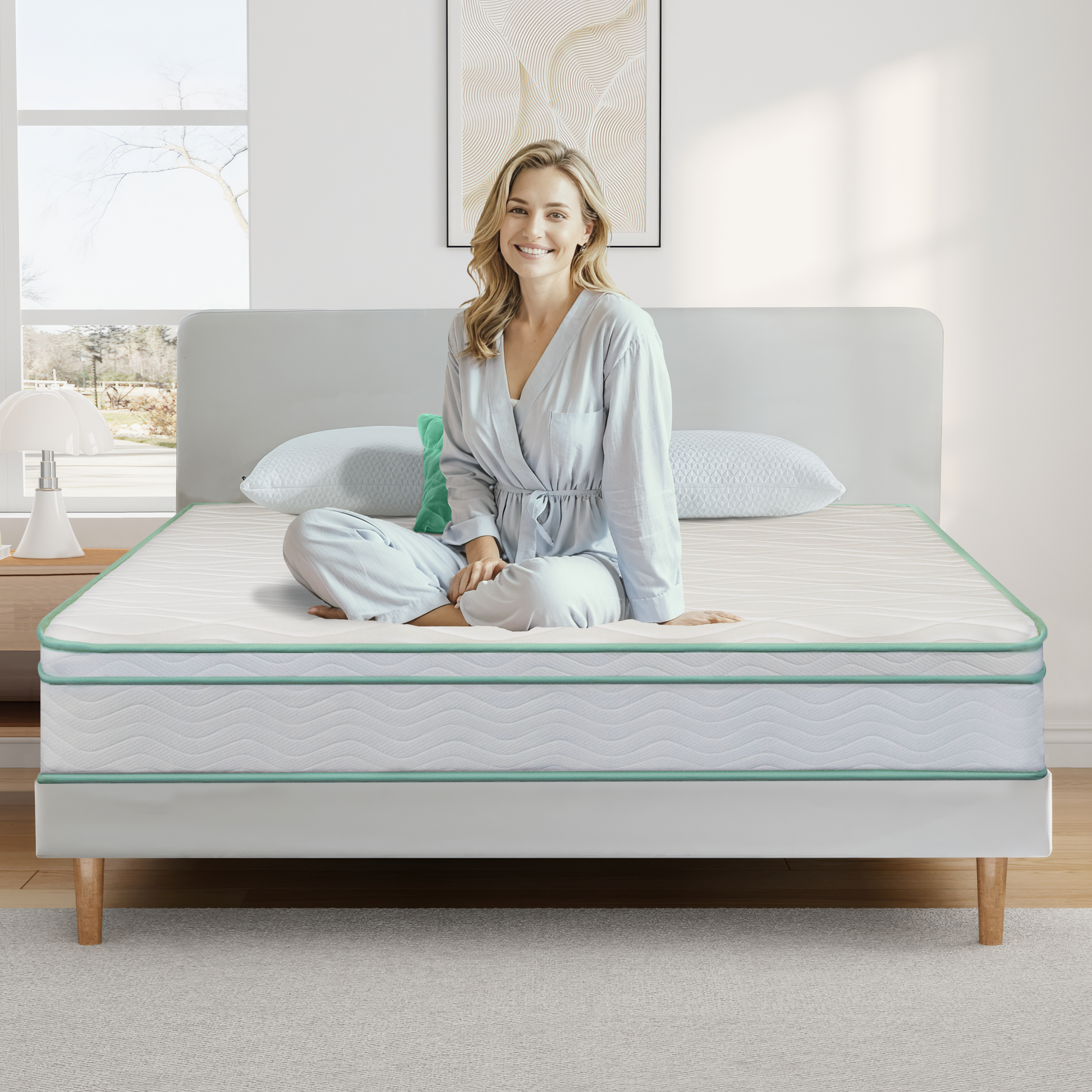 Full Size 8" Medium Cool Gel Memory Foam Innerspring Hybrid Mattress White Green Foam Spring Full