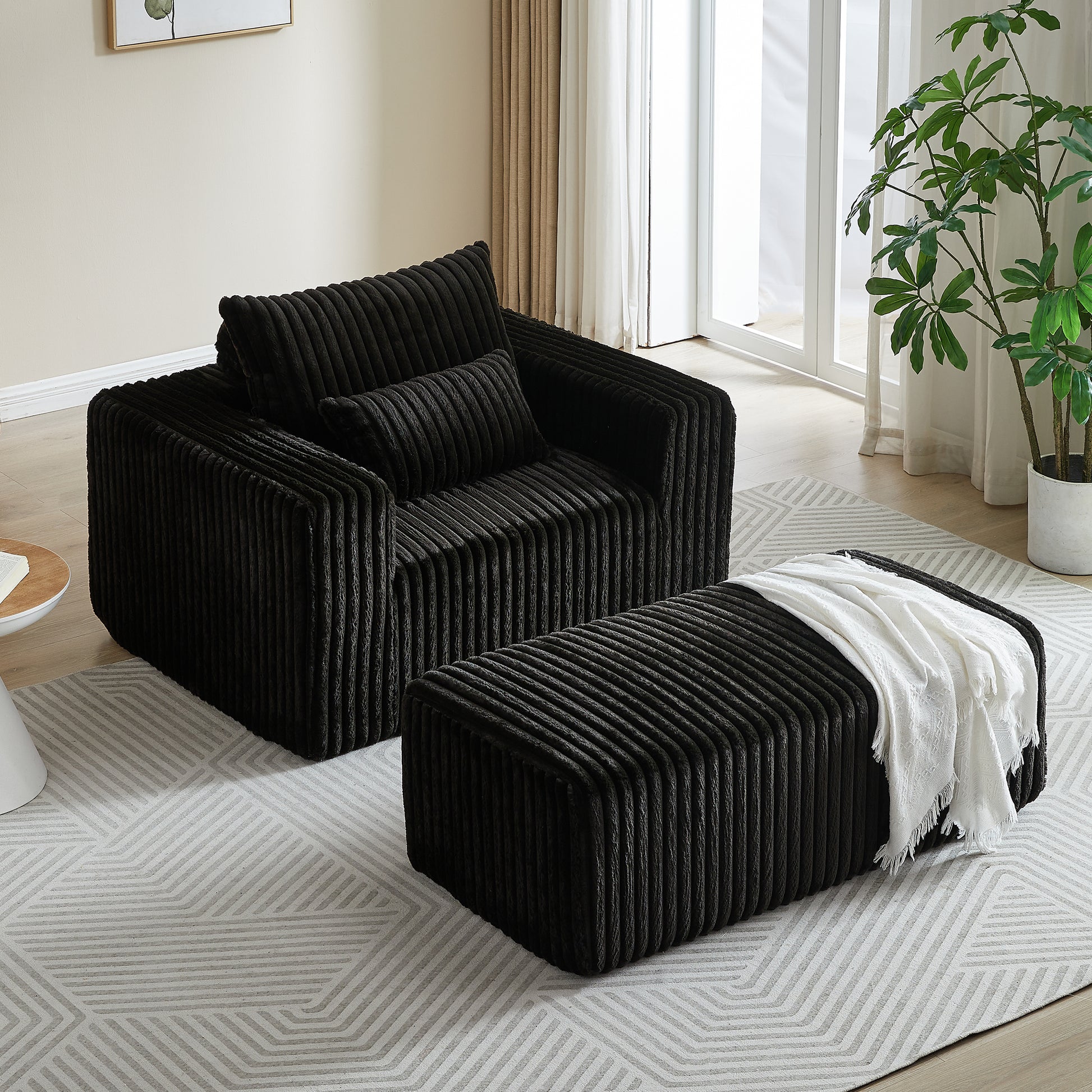 62.5 Inch Corduroy Sponge Sofa Lounge Chair With Removable Footrest,No Assembly Required,Fluffy Modern Sleeper Chair For Indoor Living Room Bedroom Black Foam Corduroy 1 Seat