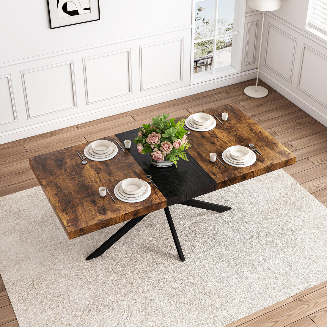 55.11" 70.86"Retro Rectangular Stretch Dining Table, Antique Wood Top And Black Relief Plate, Black Fine Sand Cross Iron Foot Base Dining Table, With Storage Box. Black Brown Seats 6 Rectangular Mdf Metal