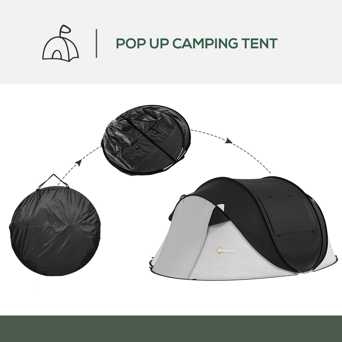 Outsunny Pop Up Tent, Instant Camping Tent With Porch And Carry Bag, 3000Mm Waterproof, For 2 3 People, Black, Poles Included Black Polyester