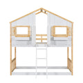 Twin Over Twin House Bunk Bed With Roofwindow, Window Box, Doorwith Safety Guardrails And Ladder, Natural White Twin Natural White Pine