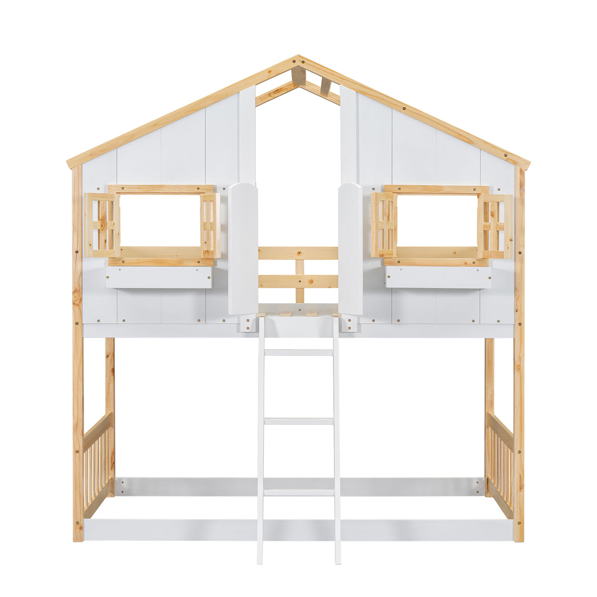 Twin Over Twin House Bunk Bed With Roofwindow, Window Box, Doorwith Safety Guardrails And Ladder, Natural White Twin Natural White Pine