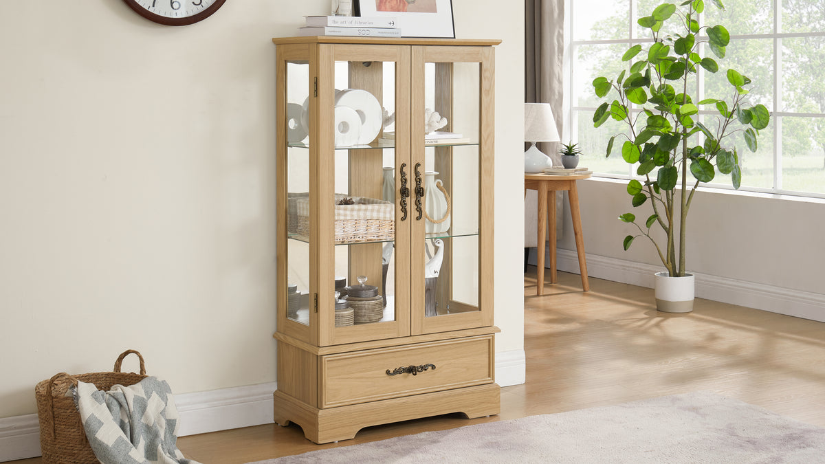 Glass Cabinet Lighted Glass Cabinet Curio Display Cabinet With Adjustable Glass Shelves 2 Doors And 1 Drawer Cabinet Bulb Included Oak Oak Mdf Glass