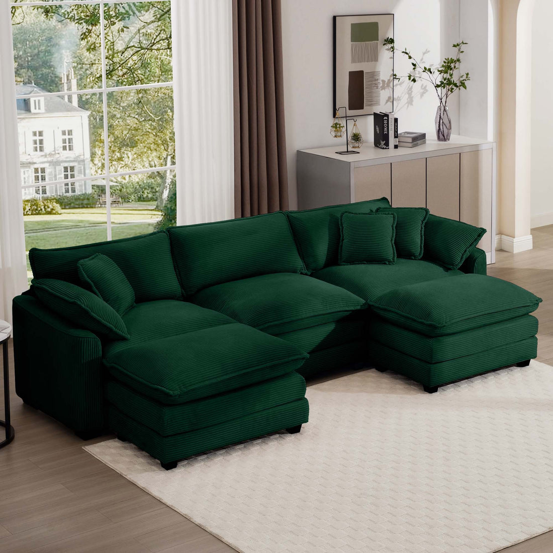 Oversized Modular Cushion Sofa, Portable Ottoman, L Shaped Corner Low Back Deep Seating Spacious Sofa Set And Sofa Bed For Home Apartment Living Room Set, Green Corduroy Green Corduroy 3 Seat