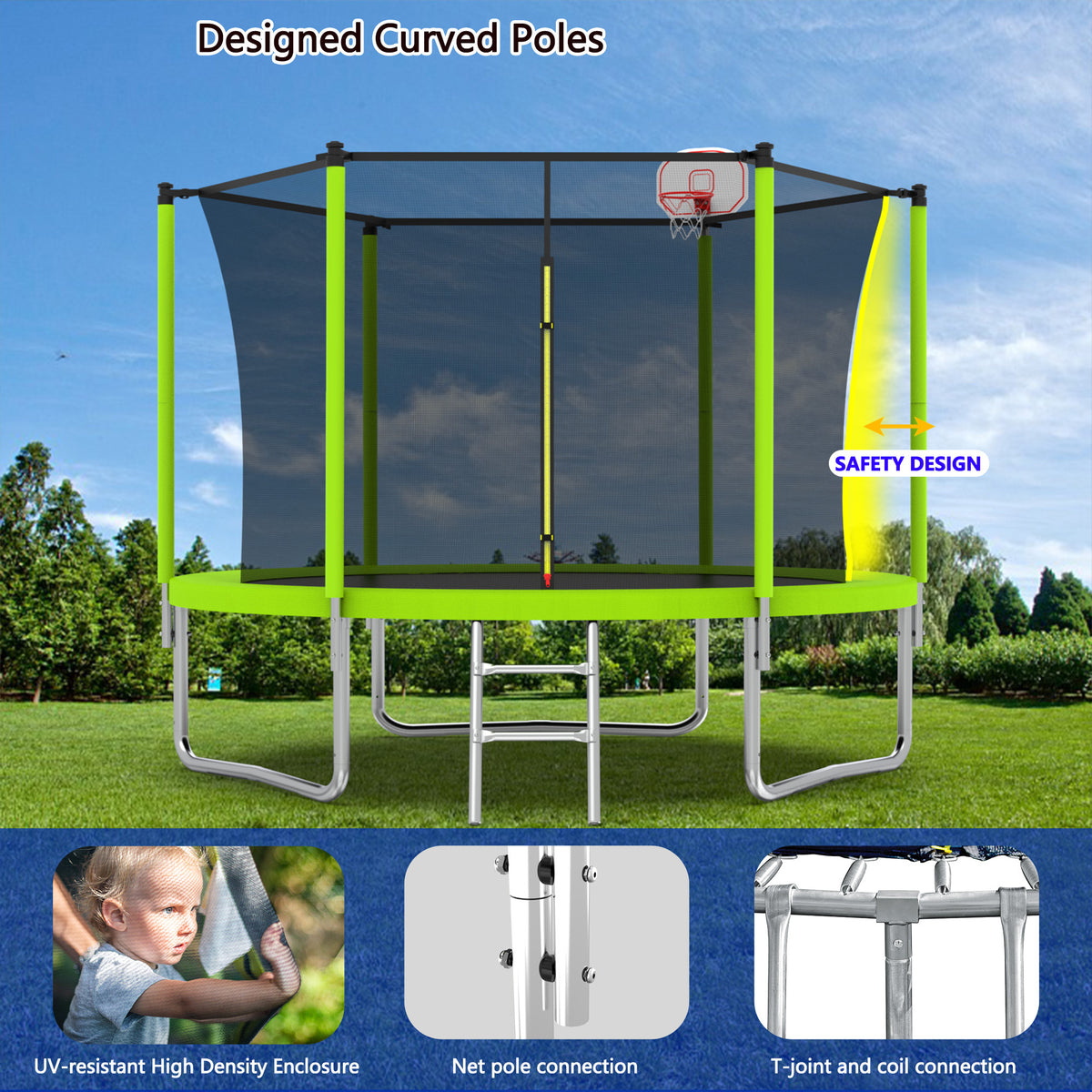 10Ft Trampoline For Kids, Basketball Hoop And Ladder, Outdoor Kids Trampoline With Safety Enclosure,Fast Assembly For Backyard Fun,Astm Approved Green Metal