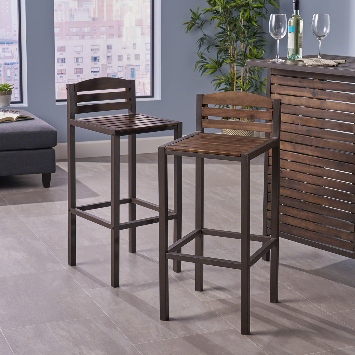 Milos Outdoor Acacia Wood Barstool Set Of 2 Dark Brown Acacia Wood