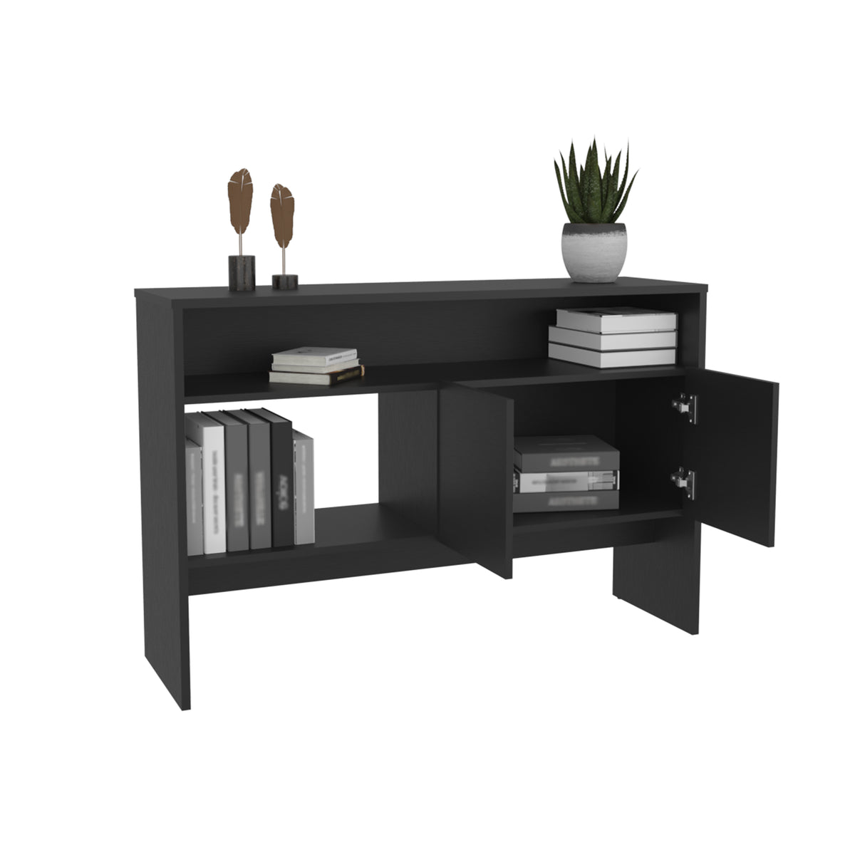 Bellagio 48.7" Wide 2 Tier Narrow Bellagio Console Table With Double Door Cabinet 2 Or Less Black Bathroom Modern Particle Board
