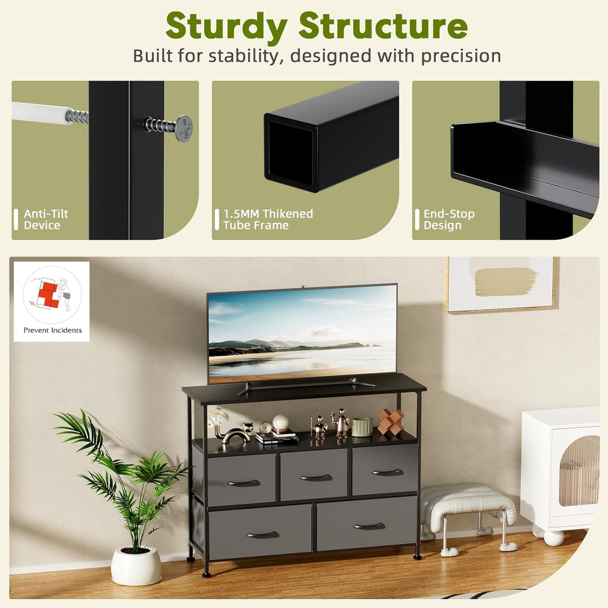 Tv Stand Dresser For Bedroom Entertainment Center With 5 Fabric Drawers, Storage Organizers Units For Living Room, Media Console Table With Open Shelf Up For 45" Tv, Gray, Wood Top Gray Wood