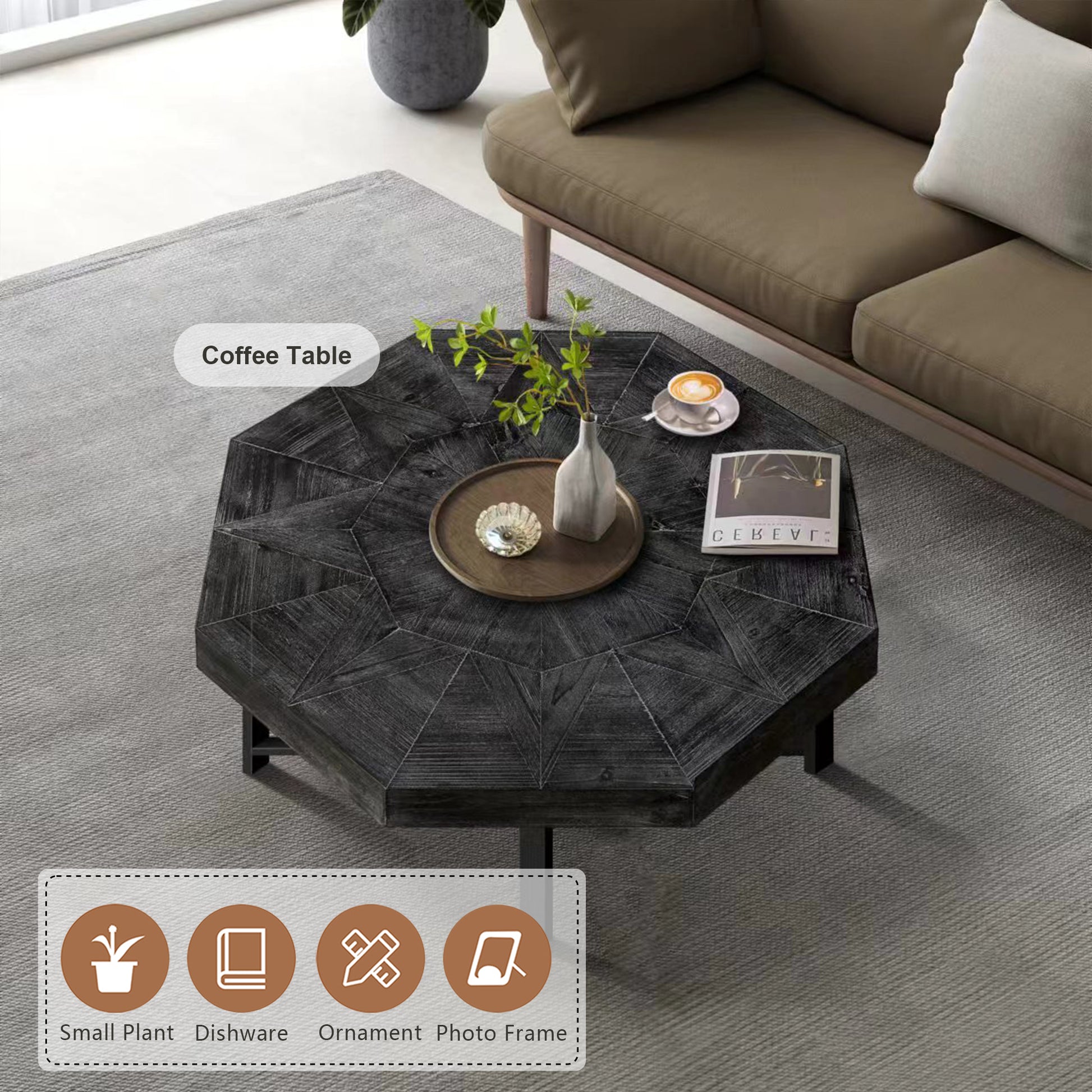 Wood Octagonal Vintage Patchwork Craft Farmhouse 30 Inch Wooden Table Top Cross Metal Legs Coffee Table For Living Room Antique Black Antique Black Primary Living Space Floor Mount Open Storage Coffee & End Tables Mdf Mdf