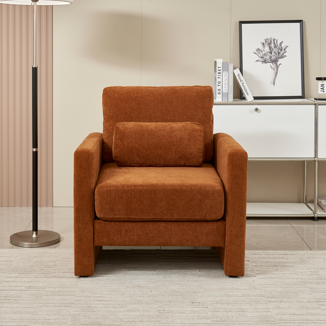 Modern Accent Chair, Chenille Upholstery Armchair Modern Style, Solid Wood Frame Ideal For Living Room, Bedroom, Office Orange Foam Wood Fabric 1 Seat