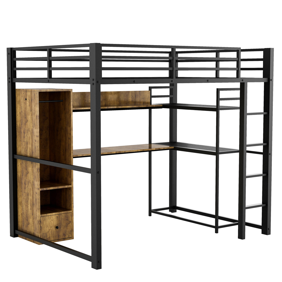 Full Size Metal Loft Bed With Built In Wardrobe, Drawer, Desk And Shelves, Black Expected Arrival Time: 9.7 Box Spring Not Required Full Black Metal Wood Metal