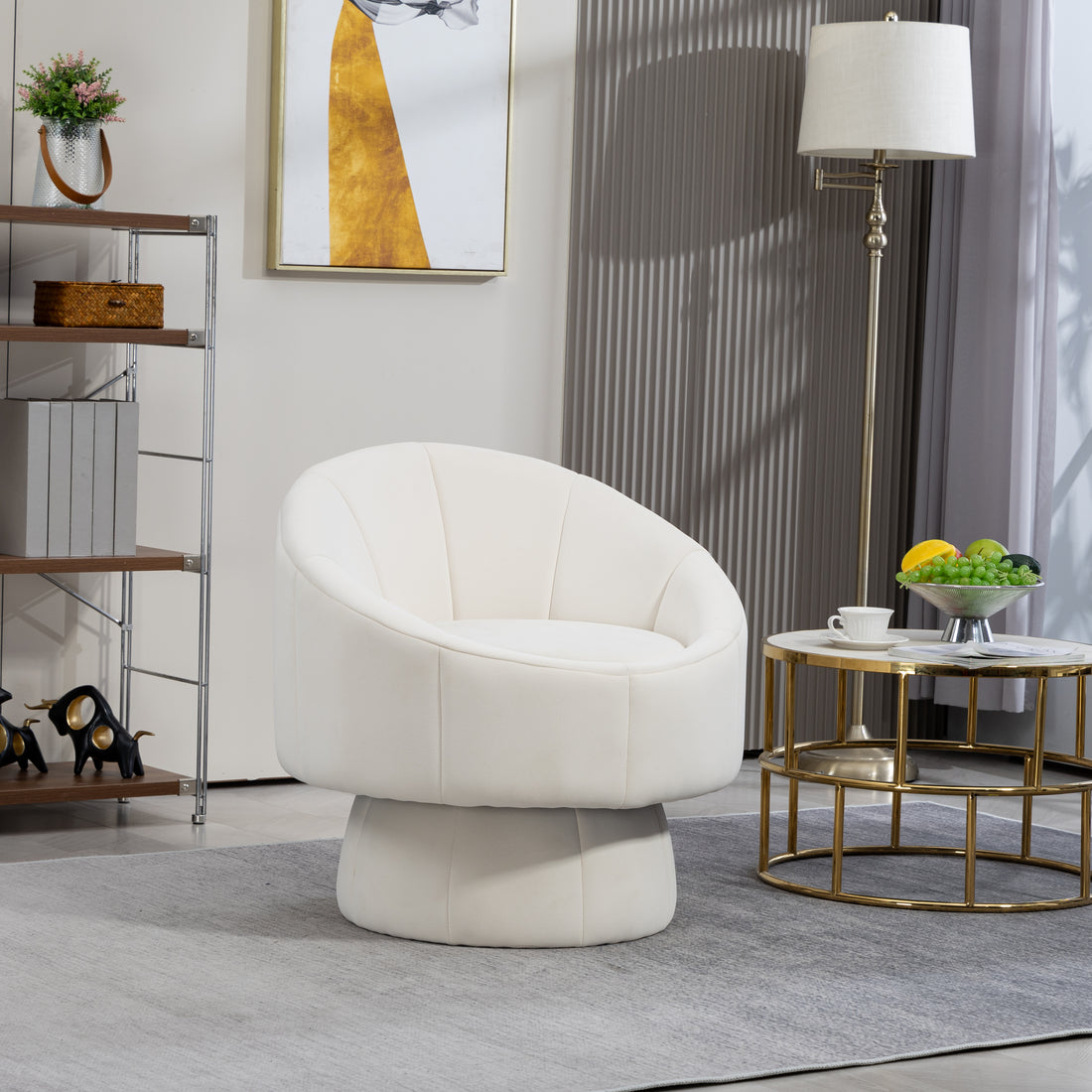 Mid Century Modern Accent Chair With Wood Frame, Upholstered Swivel Chair For Living Room Chairs With Waist Cushion, Reading Armchair For Bedroom Sunroom Beige Bedroom Modern Foam Velvet