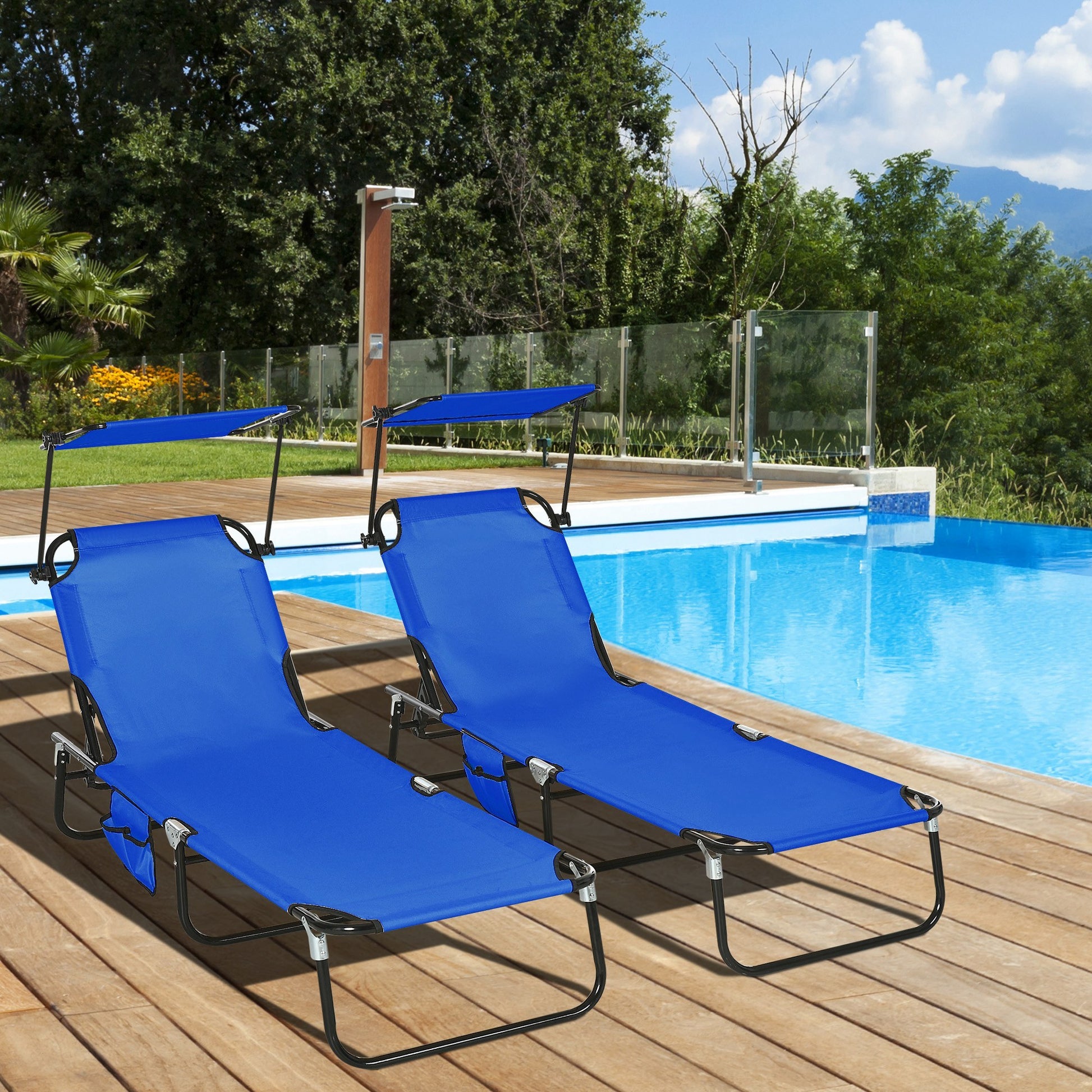Outsunny Folding Chaise Lounge Pool Chairs, Outdoor Sun Tanning Chairs With Canopy Shade, Reclining Back, Steel Frame And Side Pocket For Beach, Yard, Patio, Blue Blue Steel