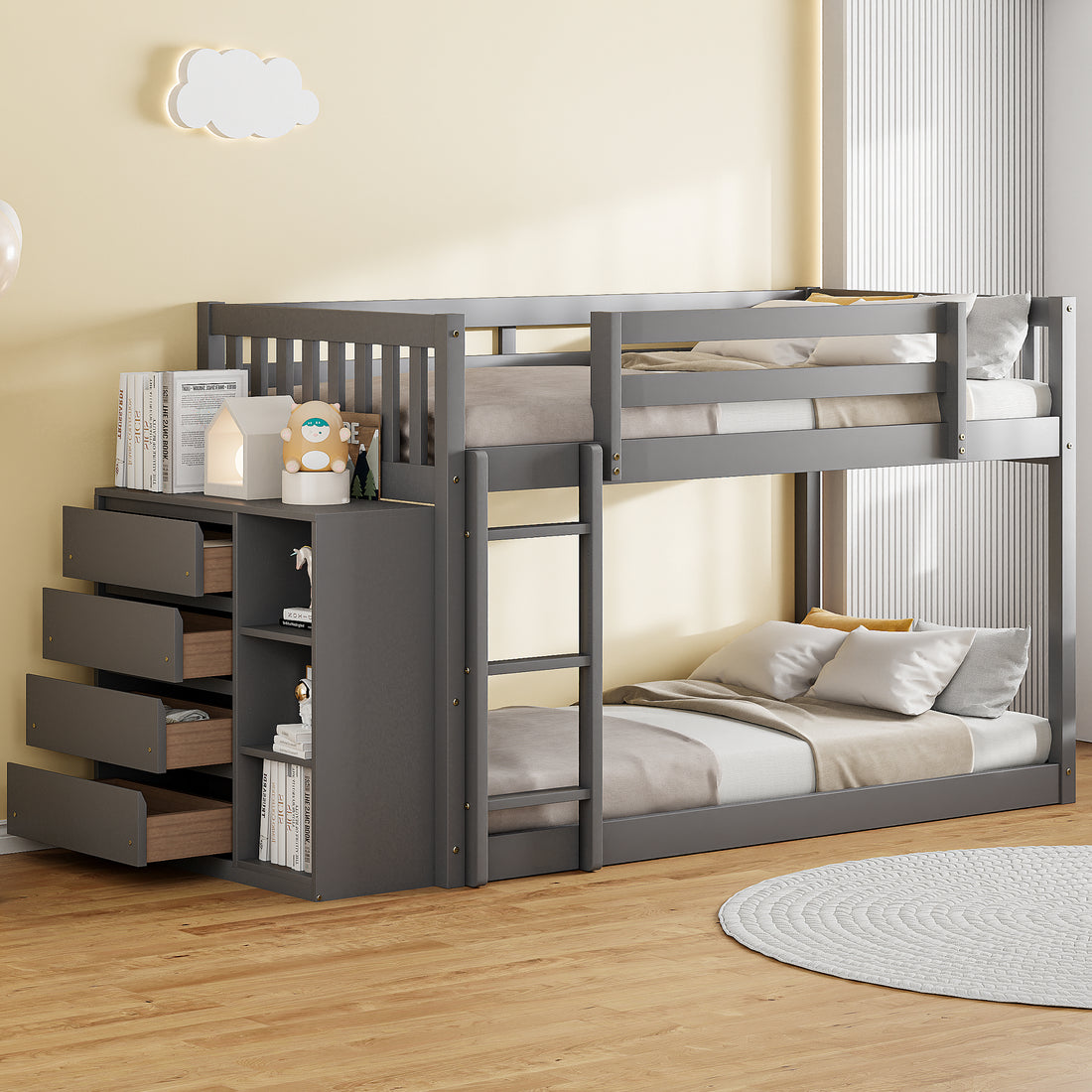 Twin Over Twin Bunk Bed With 4 Drawers And 3 Shelves Gray Twin Gray Solid Wood