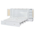 Full Size Murphy Bed Wall Bed With Drawer And Rattan Decoration With 2 Storage Cabinets, One Set Of Sockets & Usb Ports, Pulley Structure Design, White Full White Plywood