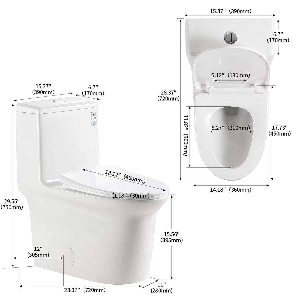 1.1 1.6 Gpf Elongated Comfort Height Super Quite Flushing Floor Mounted One Piece Toilet, Cupc Certified, Watersense Cetified, Ceramic, White Color, Soft Close Seat White Ceramic