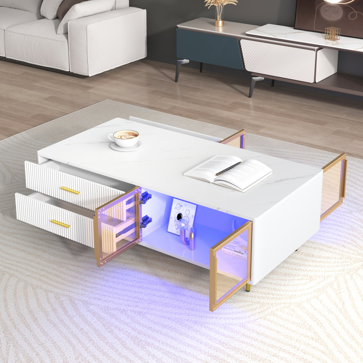 Modern White Coffee Table With 2 Glass Door Storage, 4 Drawers, Gold Metal Legs, And Multi Color Lighting In 47.2'' White Drawers Mdf