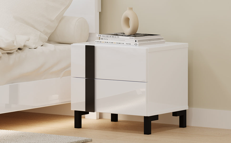 Modern High Gloss 3 Piece Bedroom Set Floating Bed Frame Queen Size Platform Bed With Led Light & 2 Nightstands, White Box Spring Not Required Queen White Wood 3 Piece Set Solid Wood Mdf