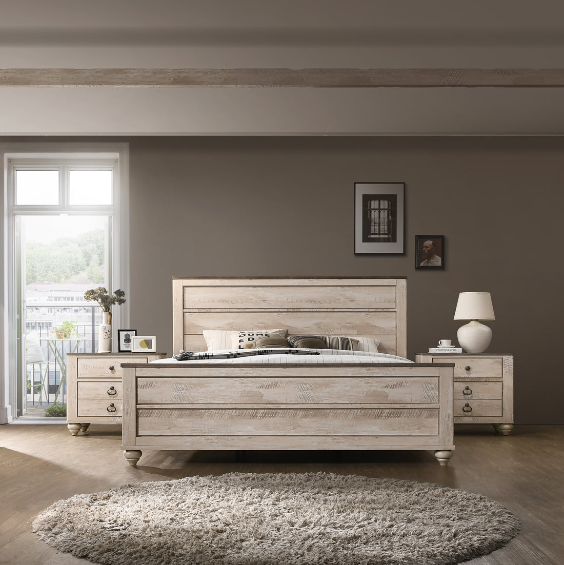 Imerland Contemporary White Wash Finish 3 Piece Bedroom Set Queen Bed And Two Nightstands Box Spring Required Queen Walnut Brown Wood Light Brown 3 Piece Set Bedroom Bed Included,Nightstand Included Contemporary,Modern Rubberwood Distressed Finish Wood