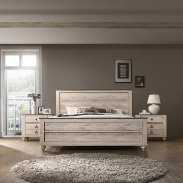 Imerland Contemporary White Wash Finish 3 Piece Bedroom Set Queen Bed And Two Nightstands Box Spring Required Queen Walnut Brown Wood Light Brown 3 Piece Set Bedroom Bed Included,Nightstand Included Contemporary,Modern Rubberwood Distressed Finish Wood