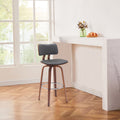 Pino 30 Inch Swivel Barstool Chair, Gray Faux Leather, Walnut Brown Wood Grey Brown Wood