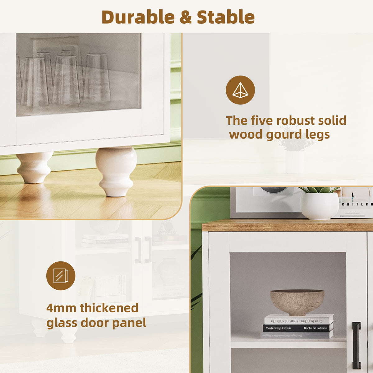 Farmhouse Tv Stand With Tempered Glass Doors For Tvs Up To 70", Versatile Sideboard With Adjustable Shelves, Elegant Buffet Cabinet With 5 Solid Wood Gourd Shaped Legs For Living Room, White White