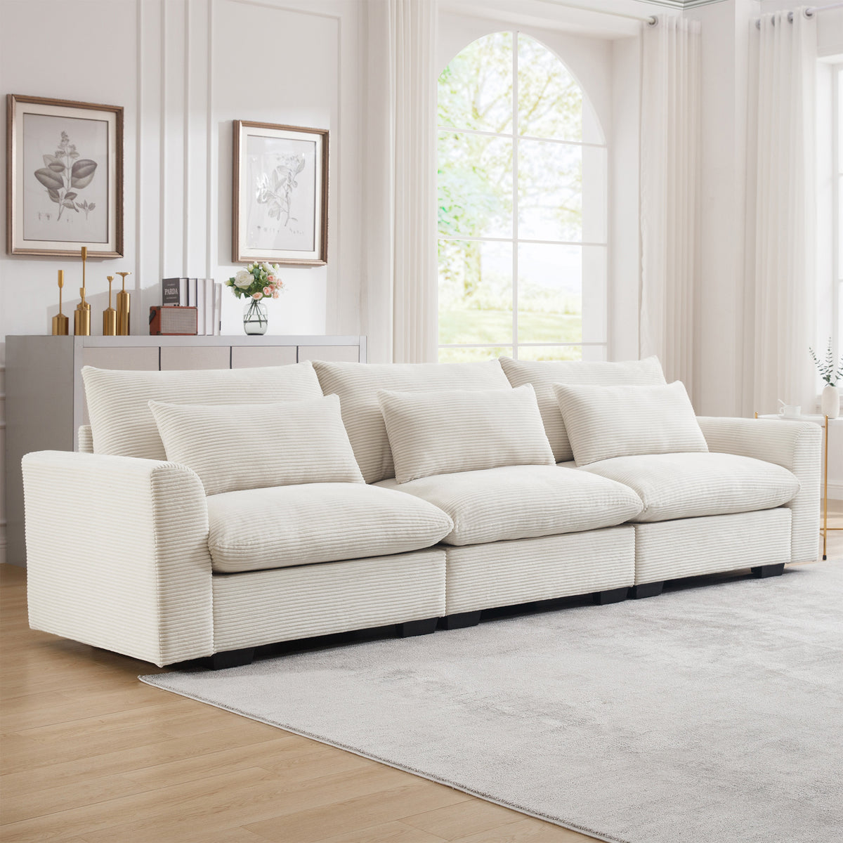 3 Seater Deep Seat Couches For Living Room, Wide And Deep Seat Comfy Living Roo Sofas With 3 Waist Pillows, Beige Corduroy Beige Corduroy 3 Seat
