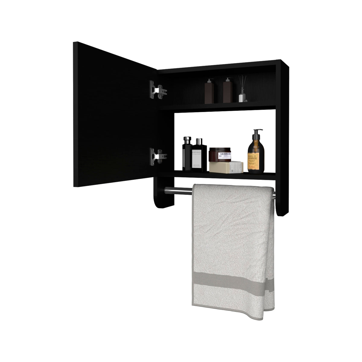 Pine Medicine Cabinet In Melamine With A Towel Bar And Included Mirror, Black Black 1 2 Mirror Included Bathroom Wall Mounted Modern Particle Board Melamine