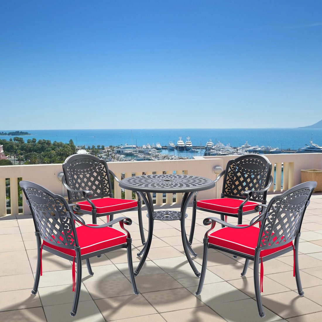 Cushions In Random Colors 5 Piece Set Of Cast Aluminum Patio Furniture With Cushions Yes Dining Set Black Seats 4 Rust Resistant Frame Water Resistant Cushion Garden & Outdoor Complete Patio Sets Aluminium