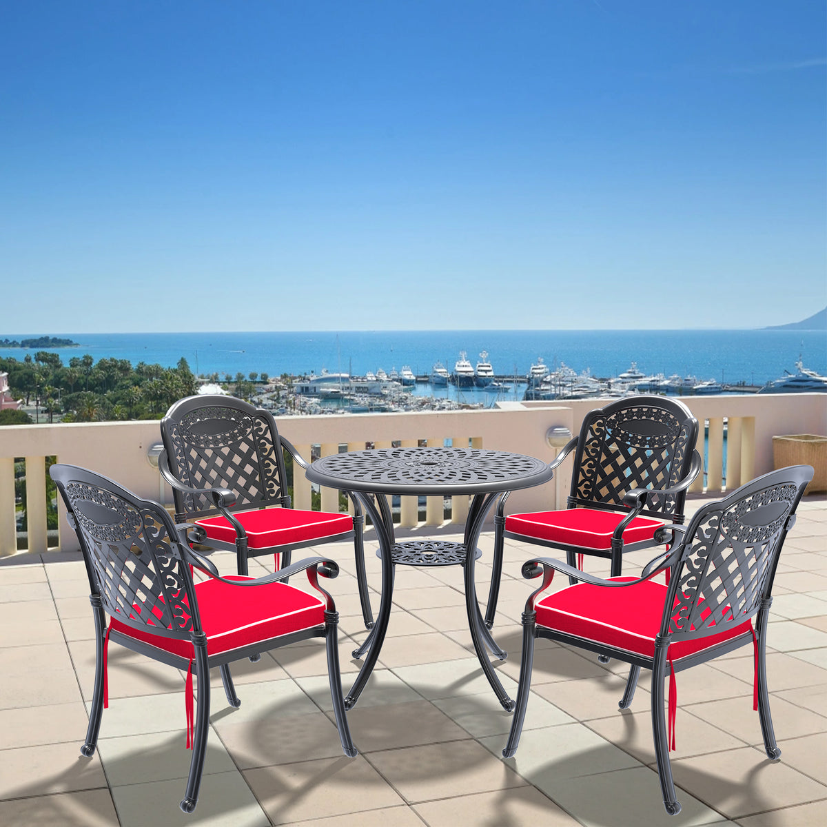 Cushions In Random Colors 5 Piece Set Of Cast Aluminum Patio Furniture With Cushions Yes Dining Set Black Seats 4 Rust Resistant Frame Water Resistant Cushion Garden & Outdoor Complete Patio Sets Aluminium