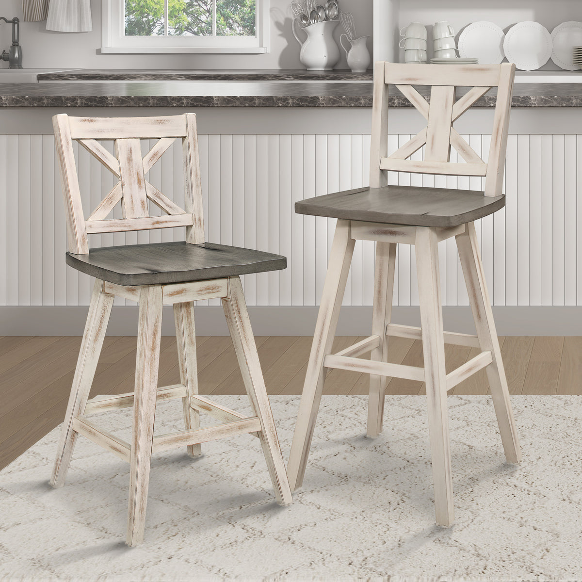 Pub Height Chairs Set Of 2, Distressed Gray And White 360 Degree Swivel Chair Solid Rubberwood Furniture, X Back Bar Chairs White Gray Dining Room Rustic Cross Back Solid Wood