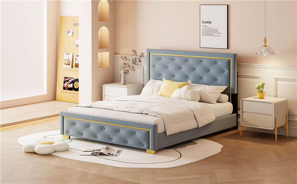 Queen Size Upholstered Platform Bed With Pull Point Headboard And Metal Wire Frame At The Head And Foot Of The Bed, Metal Feet, Velvet, Gray Queen Gray Mdf Lvl