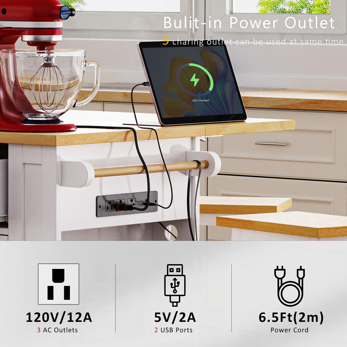 K&K 53Inch Large Kitchen Island With 2 Bar Stools, Power Outlet,Door Internal Storage Rack, Kitchen Storage Cart On 5 Wheels With Drop Leaf, 5 Open Side Racks, 3 Drawers, For Kitchen,Dining