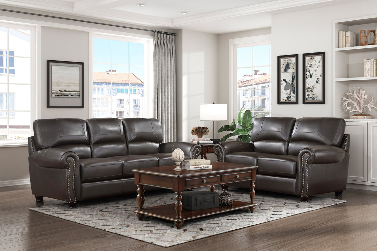 Traditional Living Room Furniture 2Pc Sofa Set Dark Brown Leather Sofa Loveseat Comfortable Plush Seating Rolled Arms Trim Classic Design Dark Brown Primary Living Space Classic,Traditional Rolled Arms Solid Wood 5 Seat