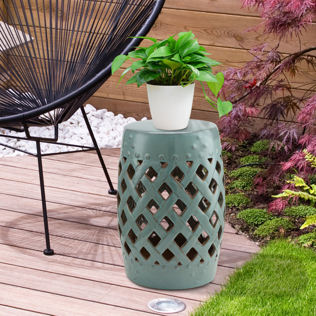 Outsunny 13" X 18" Ceramic Garden Stool With Woven Lattice Design & Glazed Strong Materials Decorative End Table, Antique Blue Blue Porcelain
