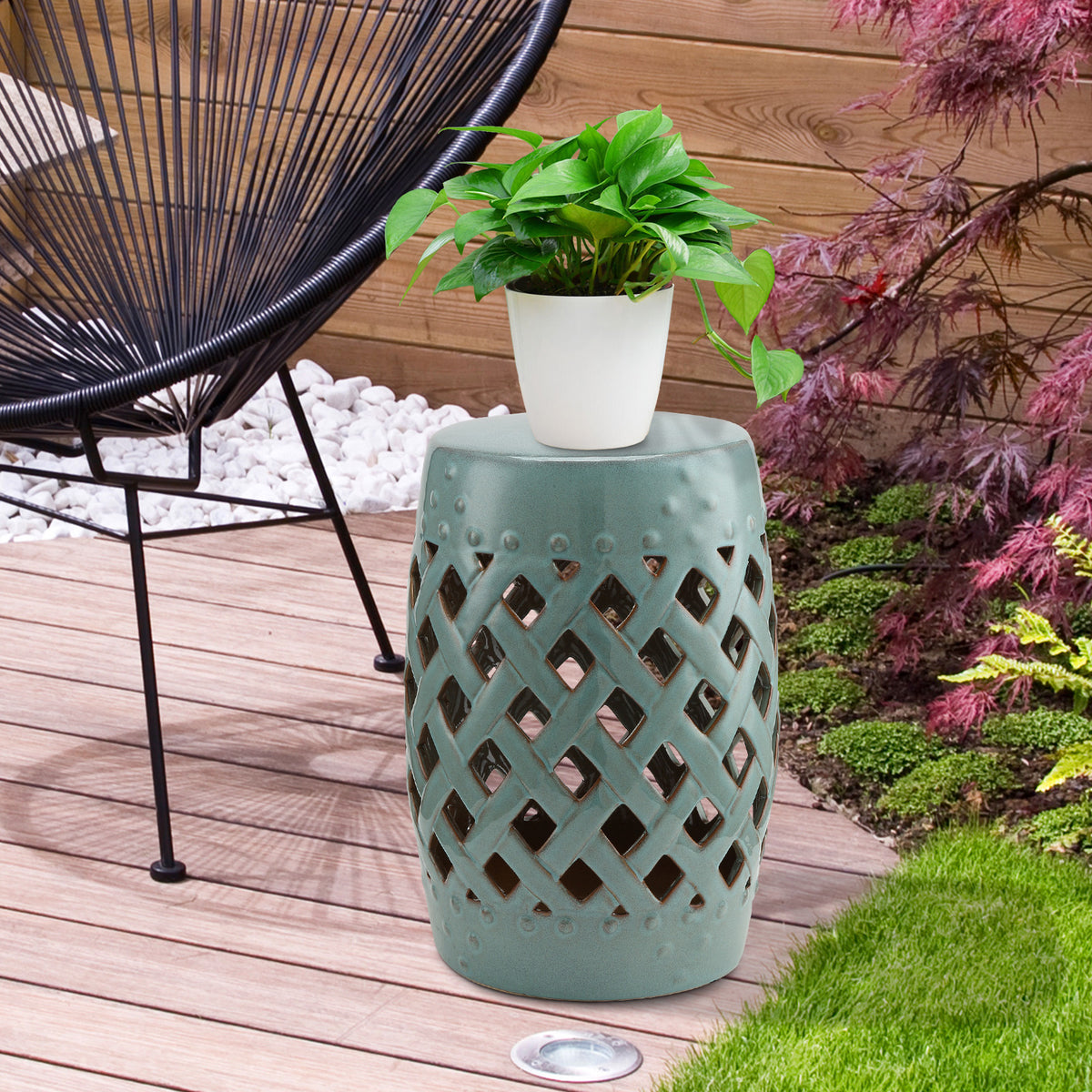 Outsunny 13" X 18" Ceramic Garden Stool With Woven Lattice Design & Glazed Strong Materials Decorative End Table, Antique Blue Blue Porcelain