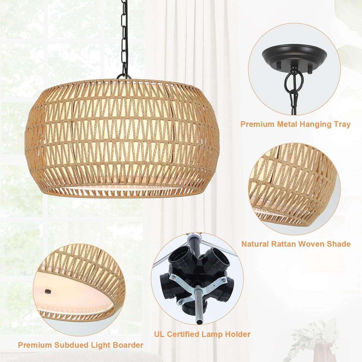Rattan Farmhouse Chandelier Light Brown Rattan Metal