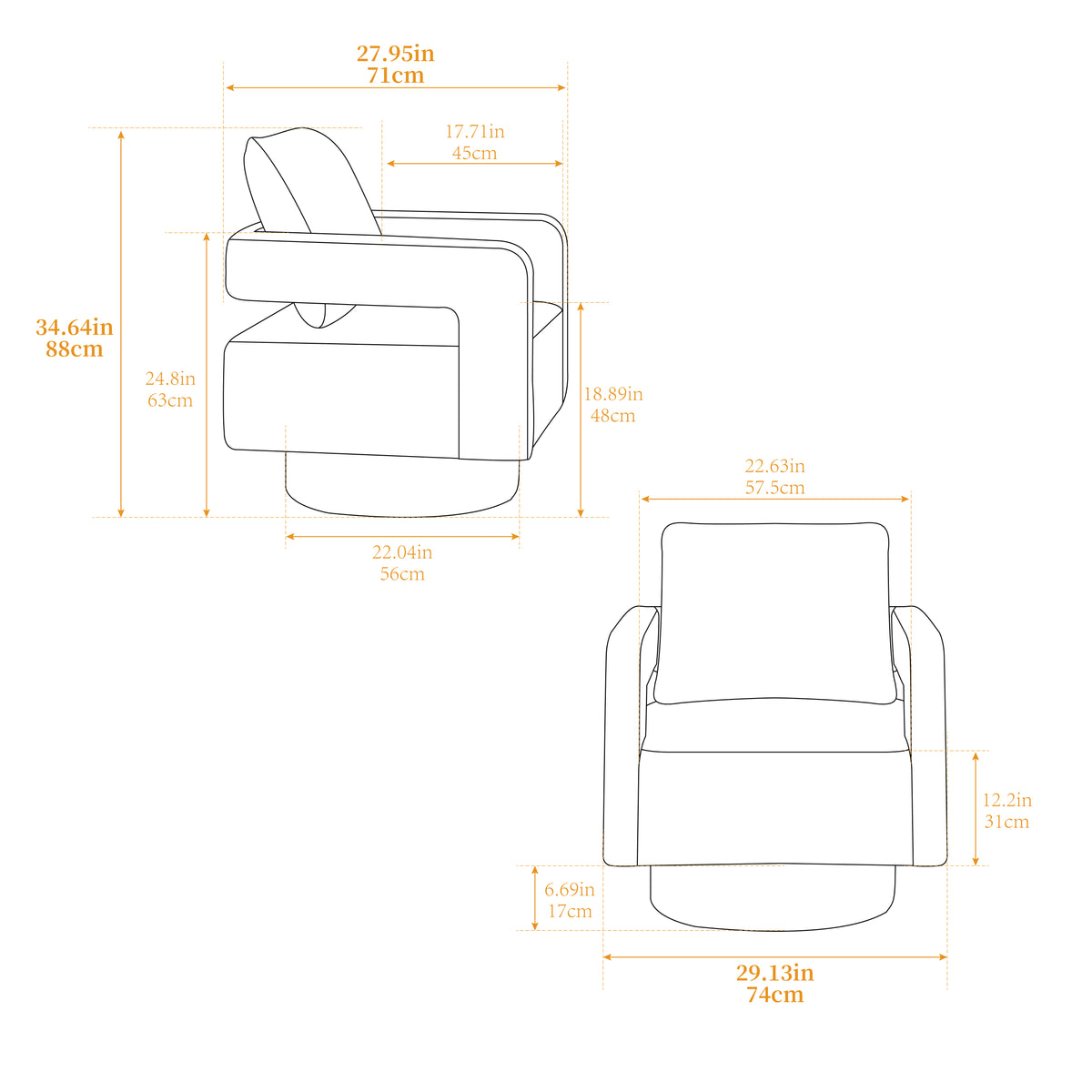 29.13" W Square Swivel Accent Chair, Modern Rotating Arm Chair With Open Back,360 Degree Rotation, Lounge Club Chair With Removable Back Cushion For Living Room, Hotel, Bed Room,Caramel Caramel