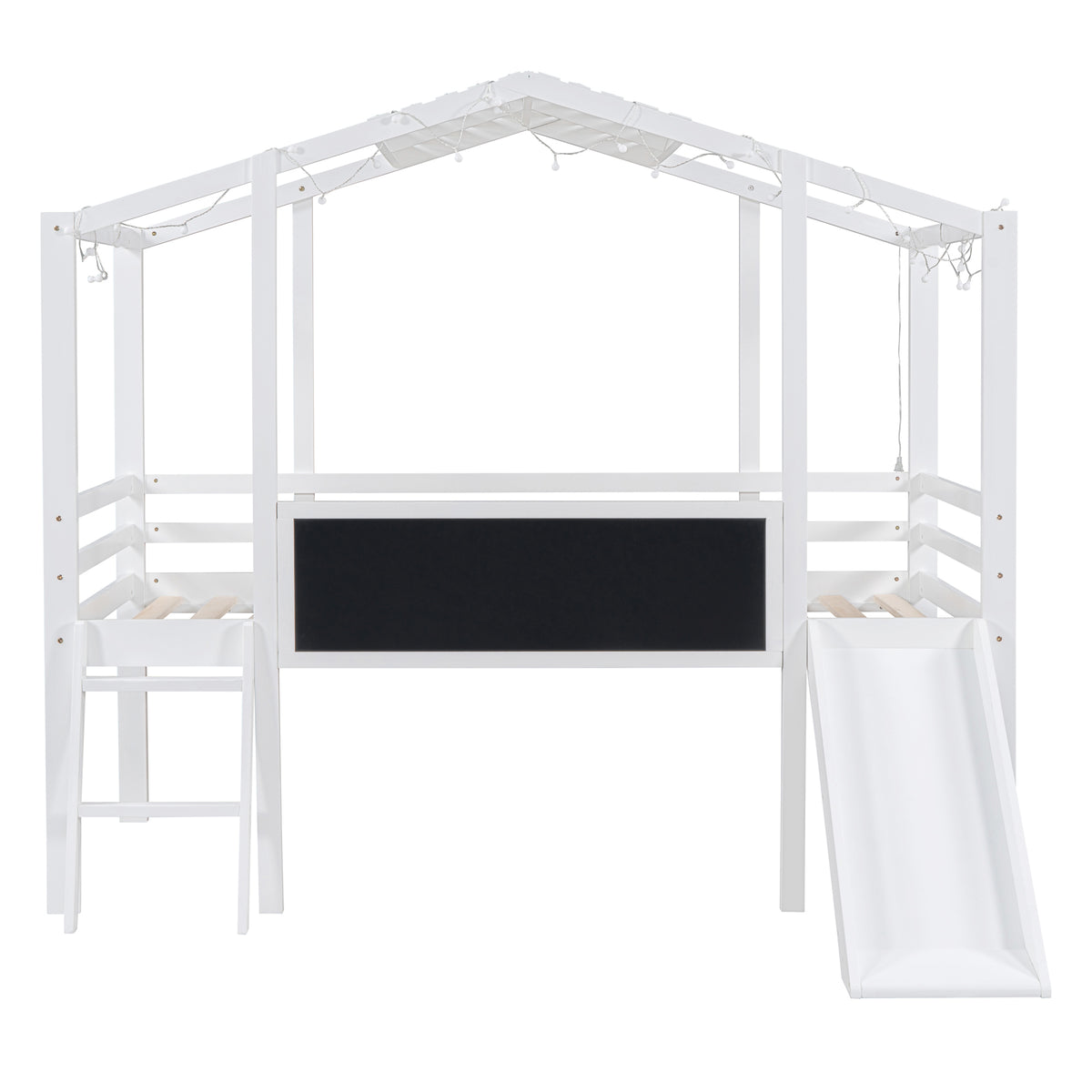 Twin Size Loft Bed With Ladder And Slide, House Bed With Blackboard And Light Strip On The Roof, White Twin White Solid Wood Mdf