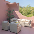 7 Piece Patio Furniture Set, All Weather Boho Outdoor Conversation Set Sectional Sofa With Water Resistant Grey Thick Cushions Light Khaki Beige Metal