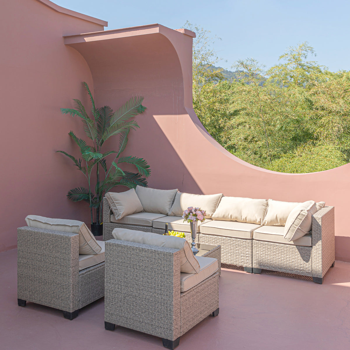 7 Piece Patio Furniture Set, All Weather Boho Outdoor Conversation Set Sectional Sofa With Water Resistant Grey Thick Cushions Light Khaki Beige Metal