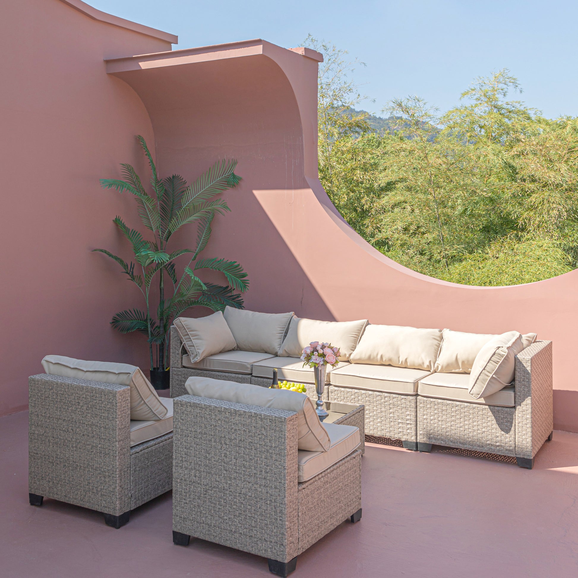 8 Piece Patio Furniture Set, All Weather Boho Outdoor Conversation Set Sectional Sofa With Water Resistant Grey Thick Cushions Light Khaki Beige Metal