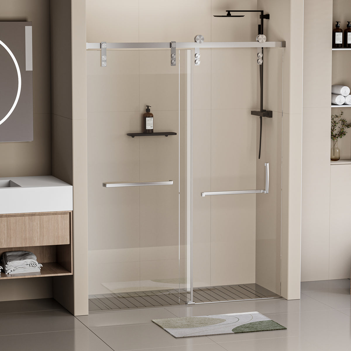 60 In. W X 76 In. H Frameless Soft Closing Shower Door, Single Sliding Shower Door, 5 16" 8Mm Clear Tempered Glass Shower Door With Explosion Proof Film, Brushed Nickel 24D211 60Bn Combo Brushed Nickel Bathroom Tempered Glass