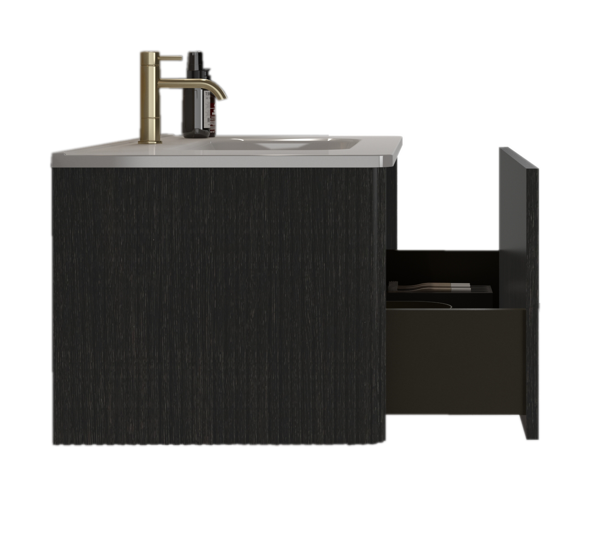 U058 Etna36W 308 Etna 36" Striped Brushed Black Oak Floating Bathroom Vanity With White Ceramic Sink, Bathroom Vanity For Modern Bathroom, Pre Assembled Black Melamine