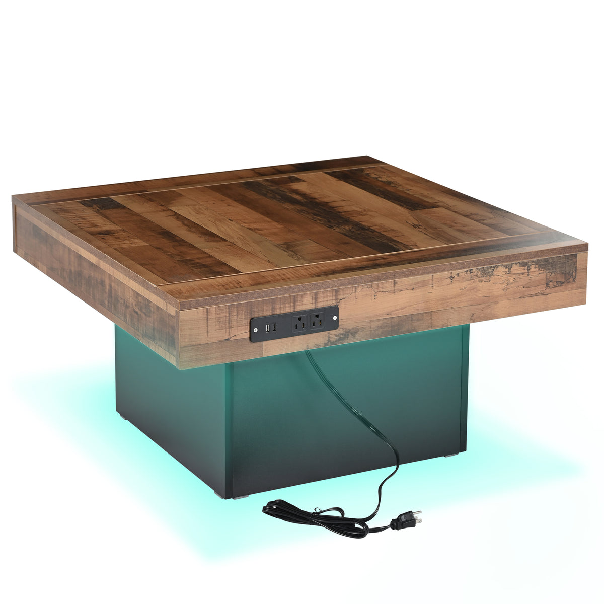 31.4'' X 31.4'' Farmhouse Coffee Table With 2 Usb Ports And Outlets, Brown Spliced Wood Grain Center Table With Led Light, Rustic Cocktail Table With Charging Station For Living Room, Black Black Primary Living Space Square Particle Board